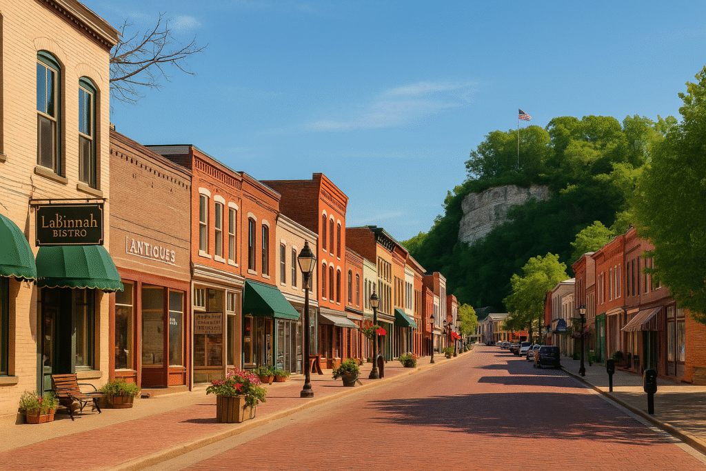 Historic Main Street in downtown Hannibal, Missouri, with the iconic Lover’s Leap bluff in the background