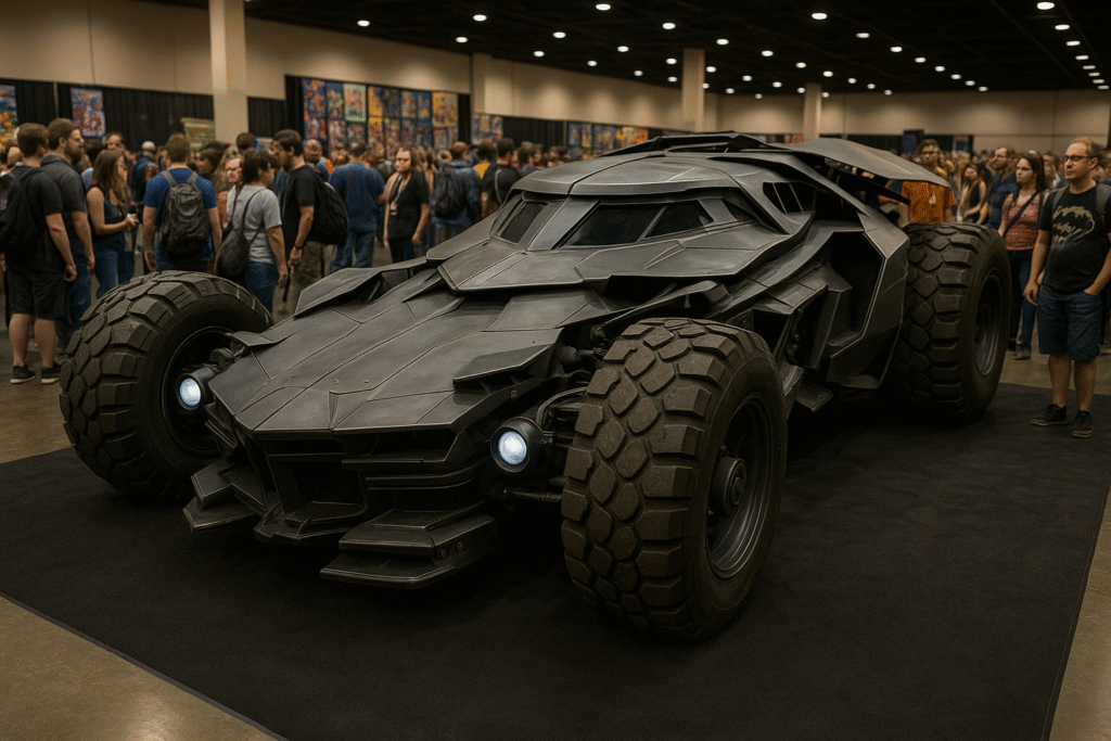 A full-size Batmobile replica on display at a comic convention, drawing attention from fans of all ages.