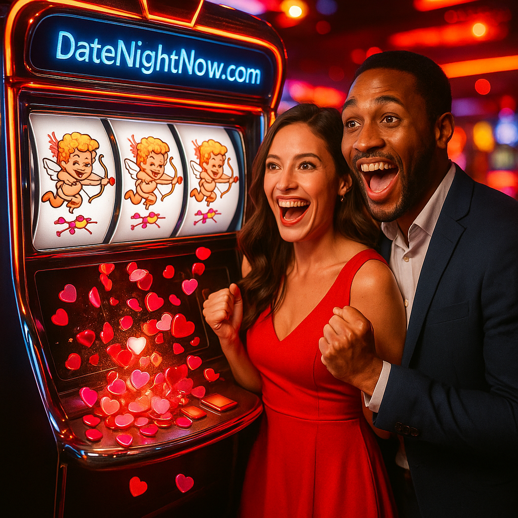 A joyful couple celebrates in front of a Cupid-themed slot machine as heart-shaped tokens pour out, surrounded by glowing red and pink casino lights.