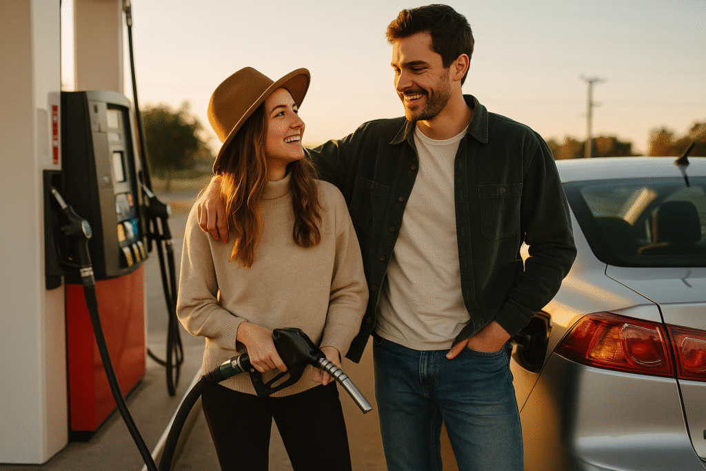 Couple at gas station during road trip weekend getaway
