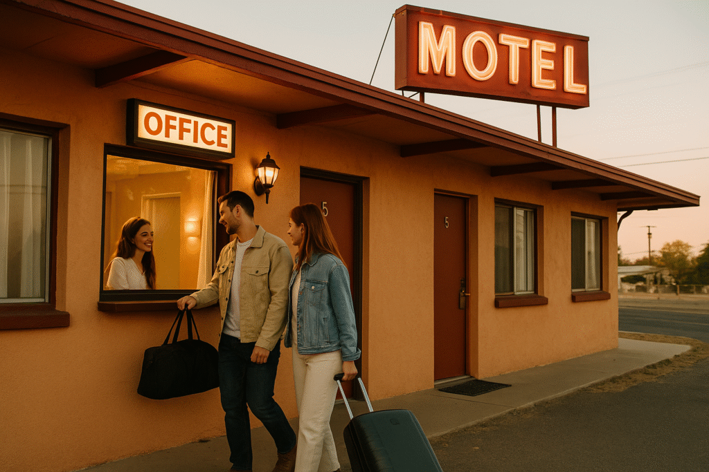 Couple checking into vintage motel on weekend getaway