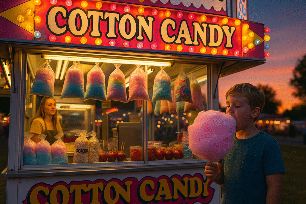 Child eating cotton candy at colorful fair stand during sunset