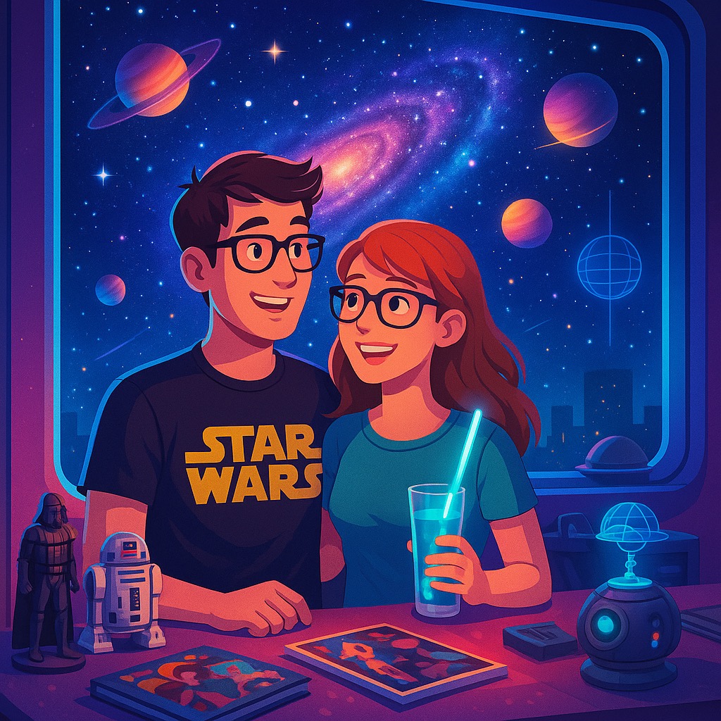 Geeky couple gazing out a futuristic window at galaxies and planets, surrounded by sci-fi collectibles and glowing lights.