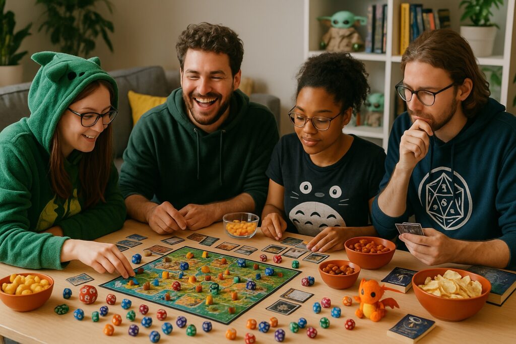 Group of geeky friends playing a tabletop board game together at a cozy table with dice, cards, and snacks scattered around.