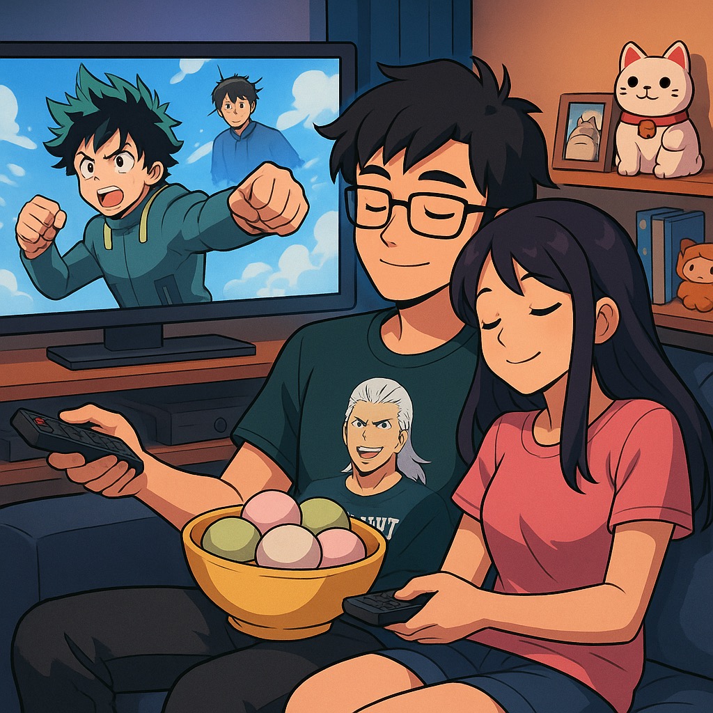 Anime-loving couple sitting on a couch sharing mochi, watching My Hero Academia in a cozy, decorated living room.