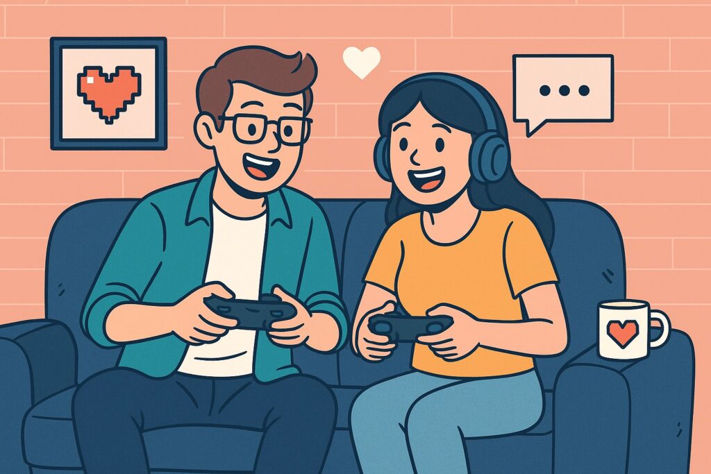 Cheerful geek couple holding game controllers on a café patio